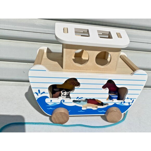 Wooden Noah's Ark Pull Toy Boat Animal Shape Sorter Painted Bible Story Toddler - Picture 8 of 16